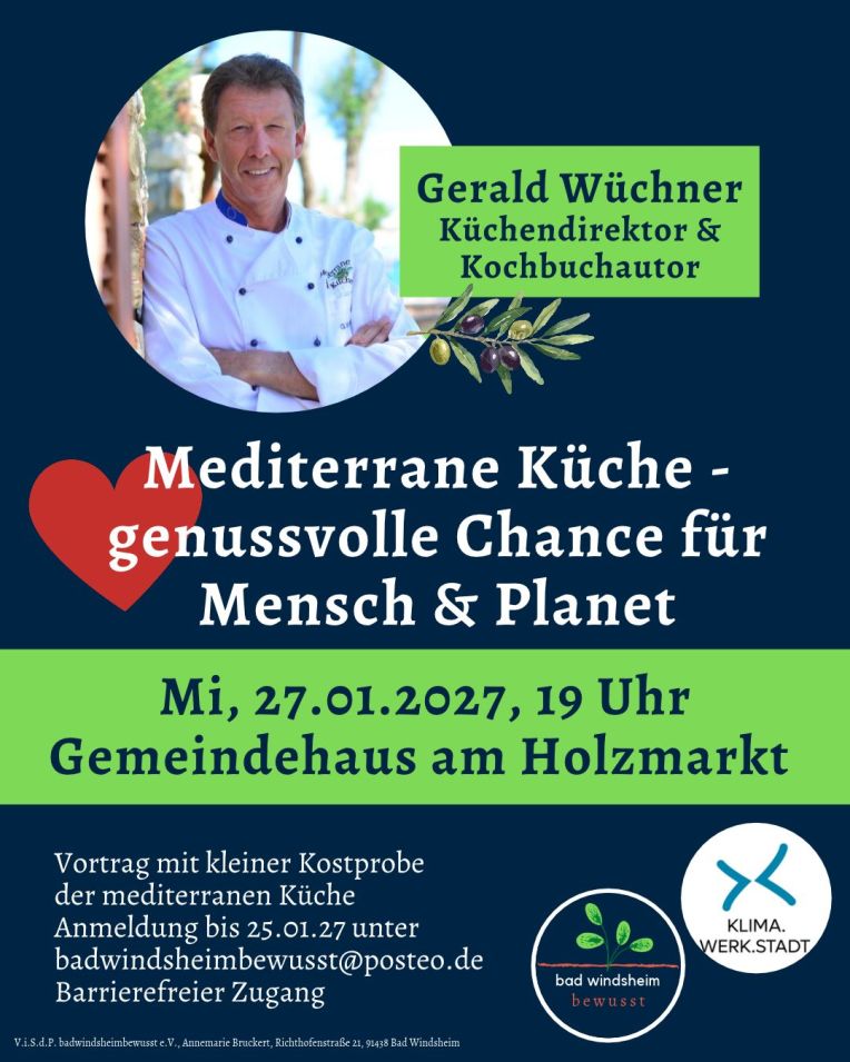 Gerald Wüchner lächelt freundlich, er trägt einen weißen Küchenkittel - der Titel "Mediterrane Küche - genussvolle Chance für Mensch & Planet"